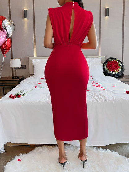 Sexy Style Solid Color Stand-up Collar Cinched Split Dress