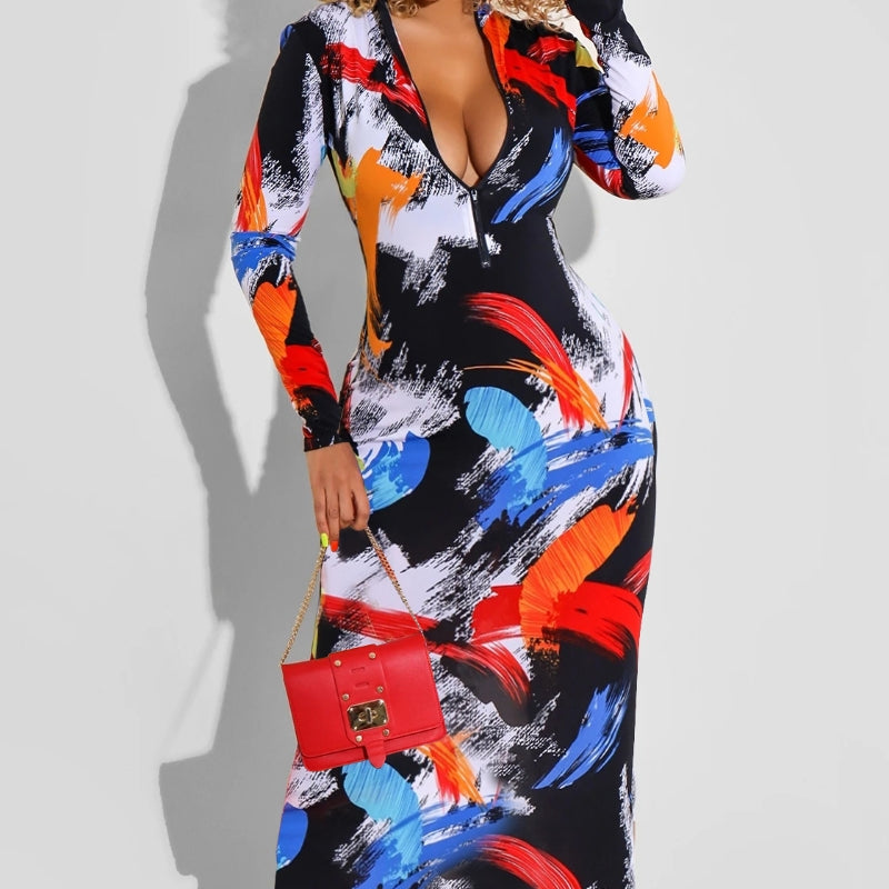 Printed Zipper Double-sided Long Sleeve Dress