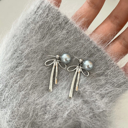 Silver Needle Niche Bow Earrings Female Pearl