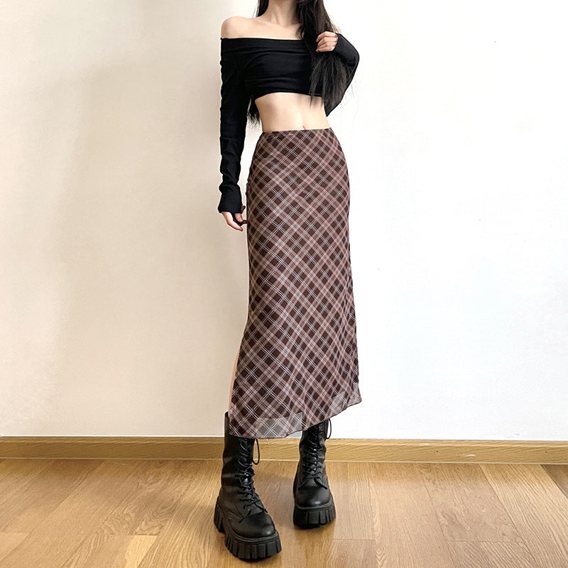 Preppy Style Retro Plaid Printed All-matching Slim Fit High Waist Slit Skirt