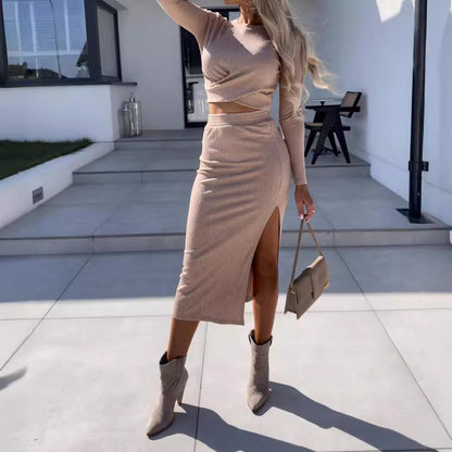 Knitted Slit Long Sleeve Narrow Mid-length Dress Set Women