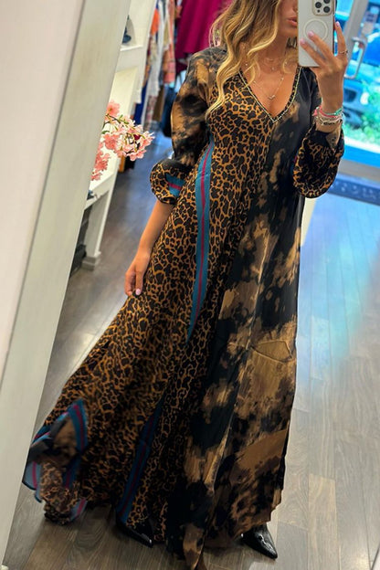 V-neck Loose Leopard Print Long Dress Women