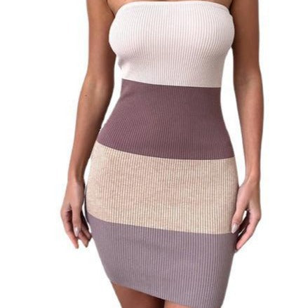 Waist-tight Color Matching Woolen Tube Top Dress