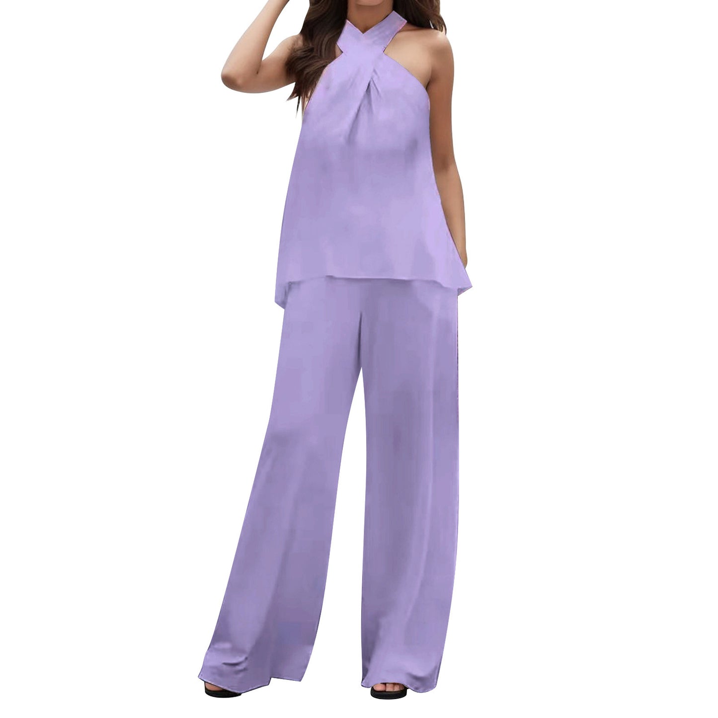 Pure Color Halter Sleeveless V-neck Top Elastic Waist Wide Leg Pants