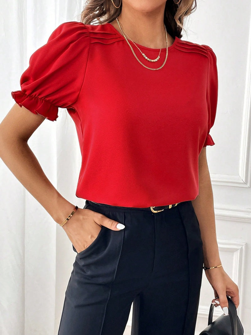 Fashion Temperament Pure Color Round Neck Shirt Top