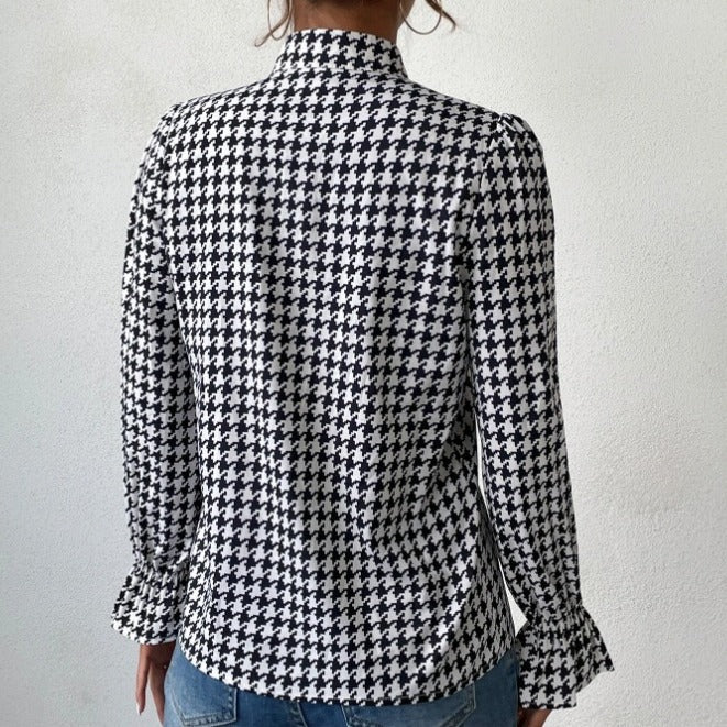 Houndstooth V-neck Long Sleeve Top Women