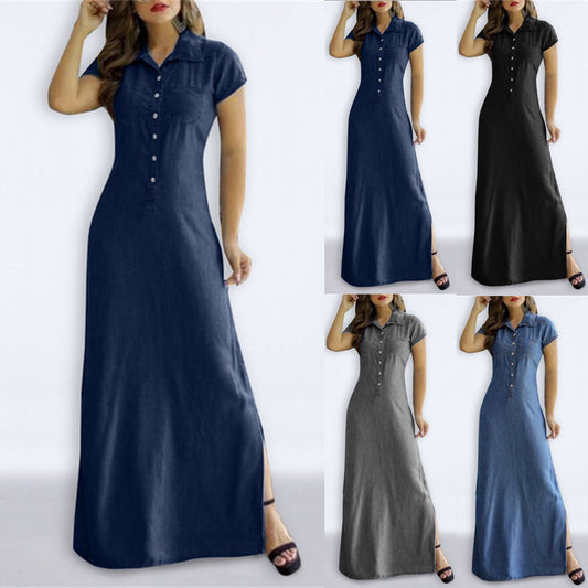 Shirt Collar Slit Pocket Large Swing Skirt Plus Size Denim Dress