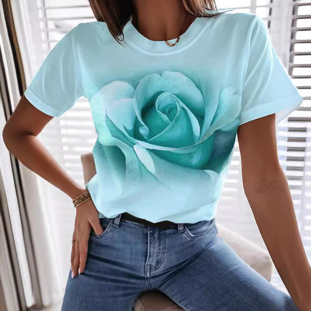 Fashion Rose 3D Printed T-shirt Round Neck Slim Fit