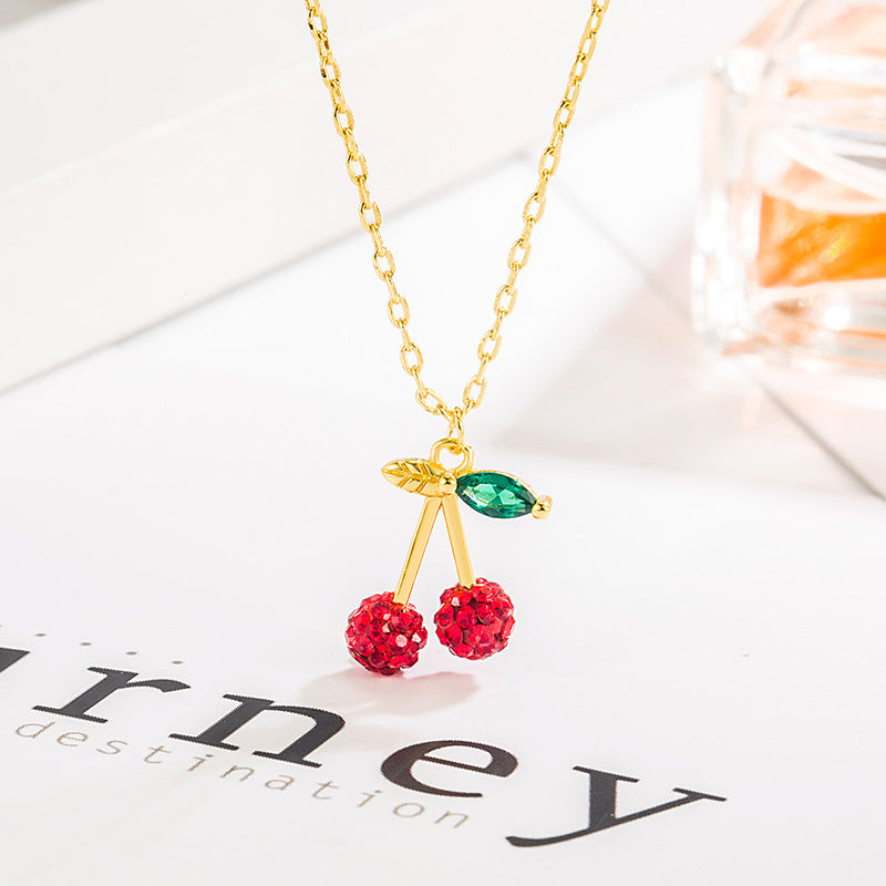 Sweet Cherry Pendant Necklace Mori Style Simple Full Diamond