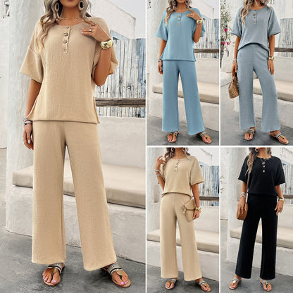 Solid Color Knitted Short Sleeved Pants Set