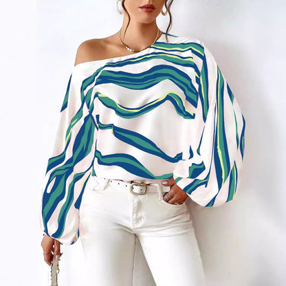 Off-neck Printed Loose-fitting Women's Shirt