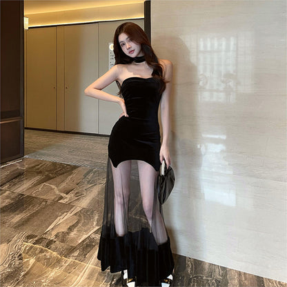 Ladies' Mesh Stitching Semi See-through Tube Top Dress