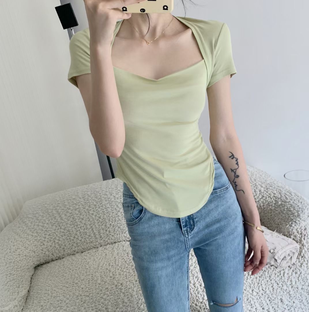 Square Collar Short Sleeve Women's Top Bottoming Shirt