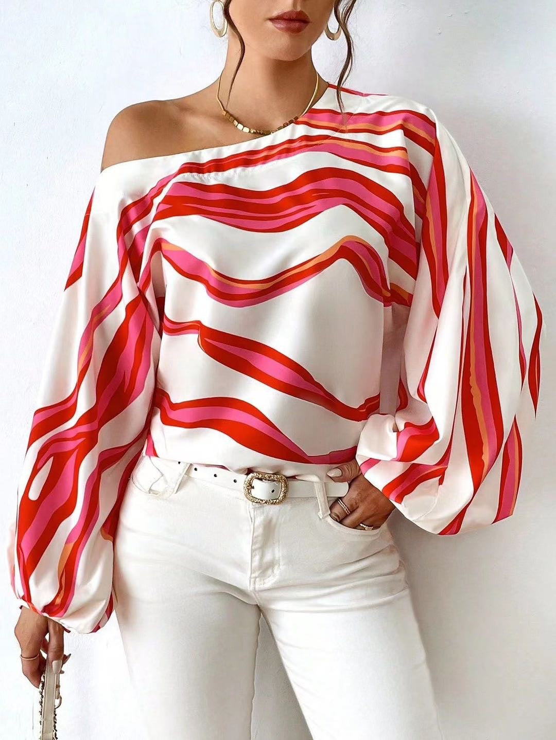 Off-neck Printed Loose-fitting Women's Shirt