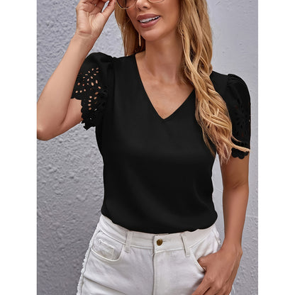 Hollow Pleated Puff Sleeve V-neck Women's Fashion Top