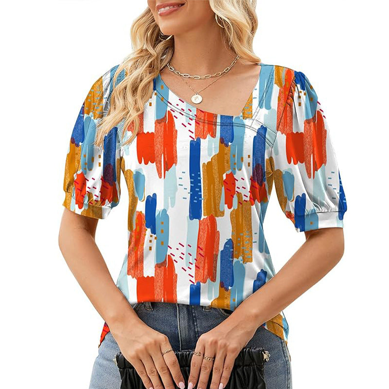 Women's Short Sleeve Irregular Puff Sleeve Loose Floral T-shirt