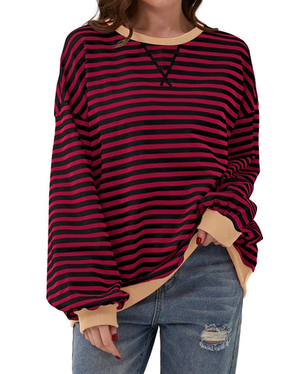 Simple Home Striped Pattern Round Neck Top