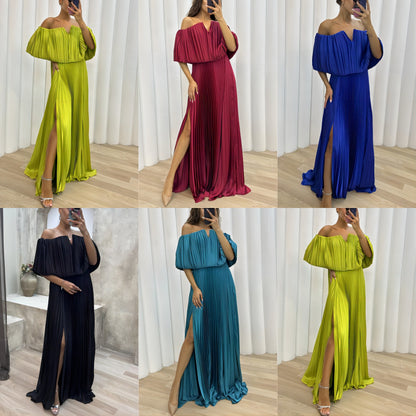 Pleated Off-shoulder Split Elegant Dress Women