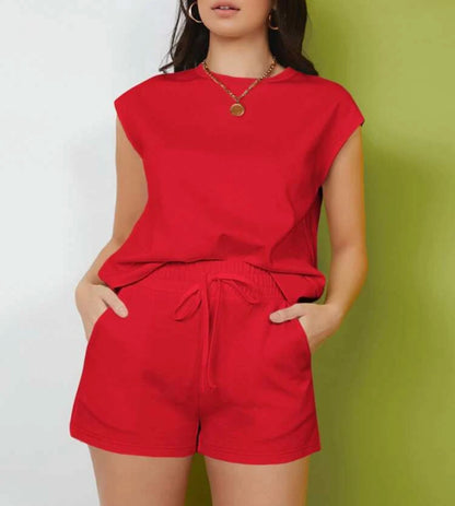 Women's Casual Sleeveless Solid Color Loose High Waist Shorts Two-piece Set