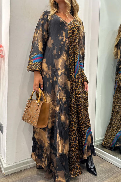 V-neck Loose Leopard Print Long Dress Women