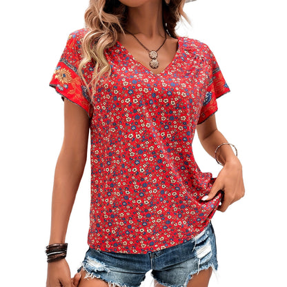 Women's Fashionable Elegant Floral V-neck Shirt Top