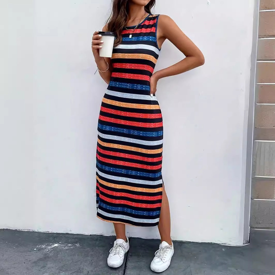 Fashion Striped Round Neck Sleeveless Dress Women