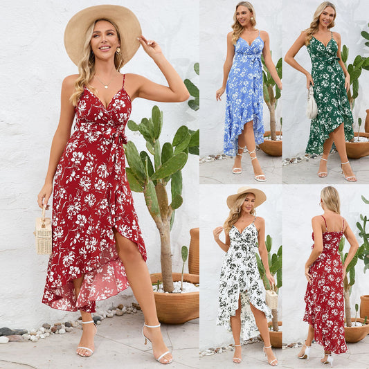 European And American Sexy Sling Irregular Dress Floral