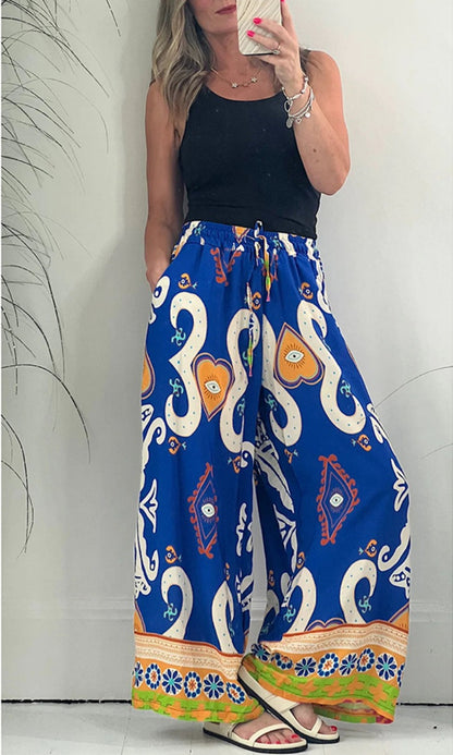 Women's Printed Pocket Loose Wide-leg Pants