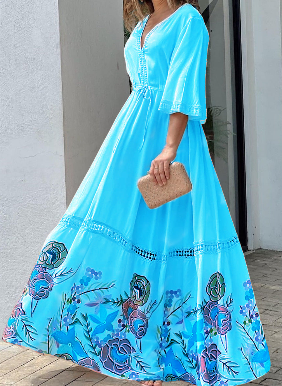Lace Printed Stitching 7-point Sleeve V-neck Long Large Hem Dress