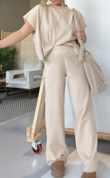 Women's Solid Color Knitted Crew Neck Casual Suit