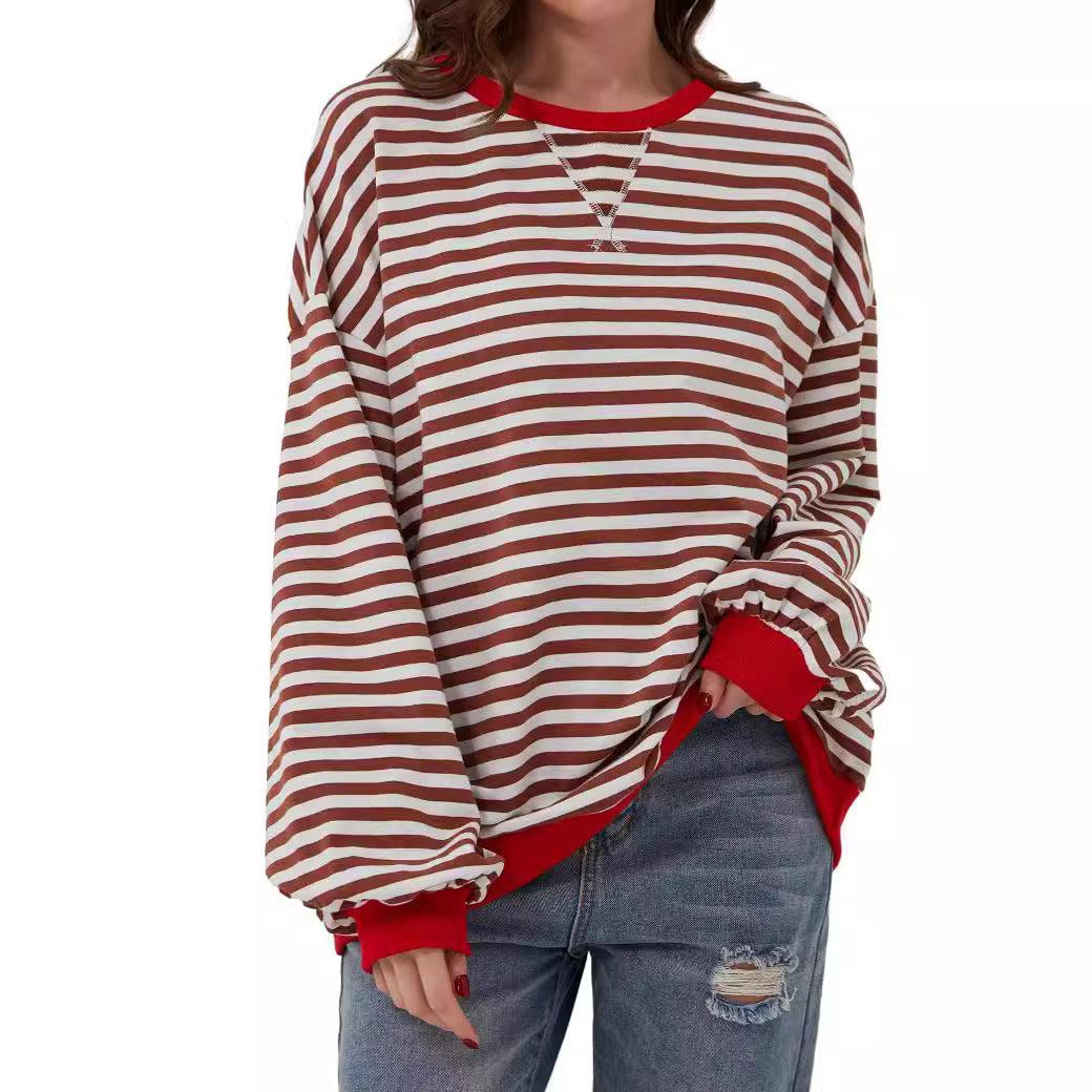 Simple Home Striped Pattern Round Neck Top