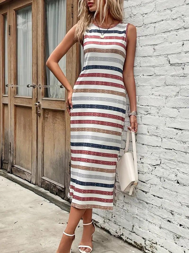 Fashion Striped Round Neck Sleeveless Dress Women