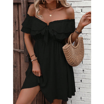 Solid Color Off-the-shoulder Knot Front Ruffled Dress