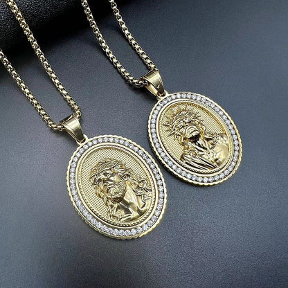 Stainless Steel Casting Vacuum Gold-plated Zircon Jesus Pendant Necklace