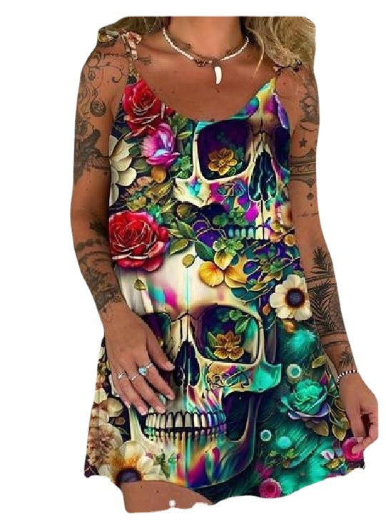 3D Printed Halloween Skull Lace Up Short Dress