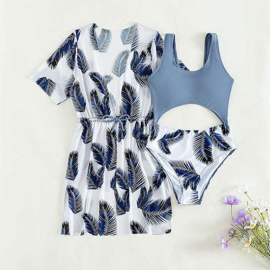 Three-piece Set Girl's Swimsuit Female Maple Leaf Printing