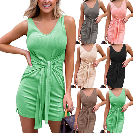 Casual Slim-fit Lace Up Waist-tight Solid Color Dress
