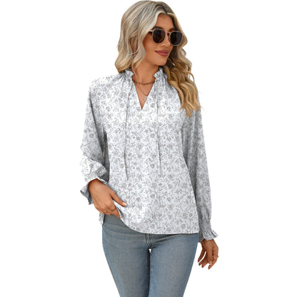 Women's V-neck Lace-up Printed Shirt Top