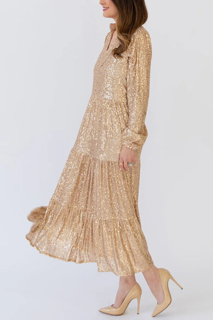 Women's Sequin Long Sleeve V-neck Banquet Dress