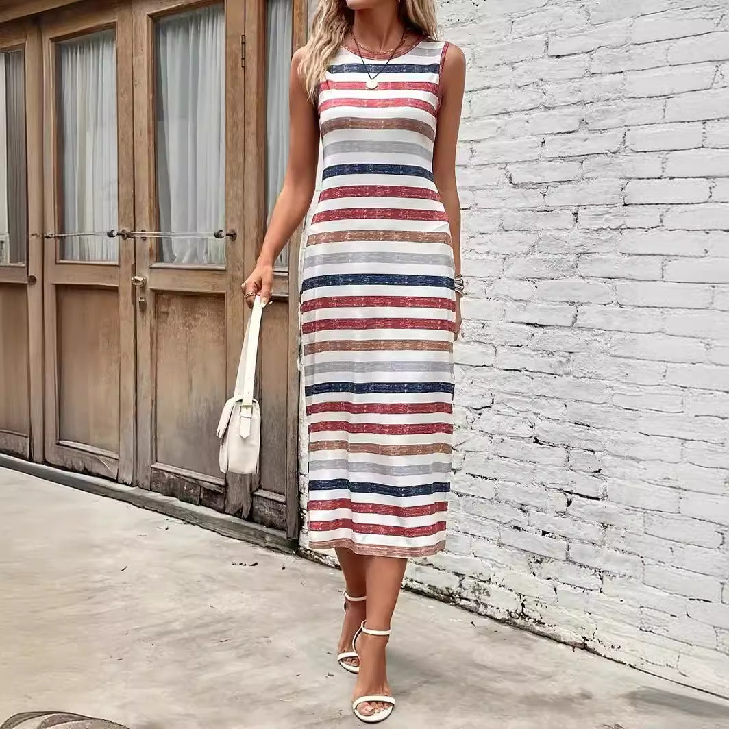 Fashion Striped Round Neck Sleeveless Dress Women