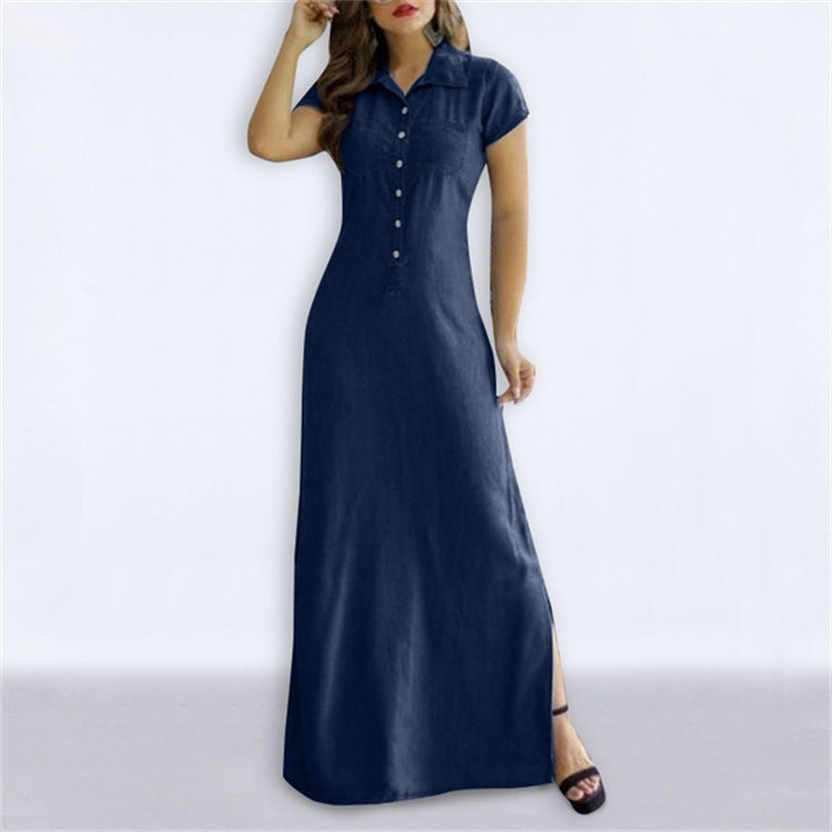 Shirt Collar Slit Pocket Large Swing Skirt Plus Size Denim Dress