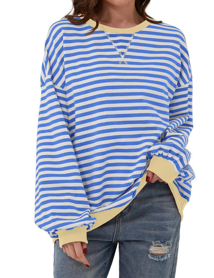 Simple Home Striped Pattern Round Neck Top