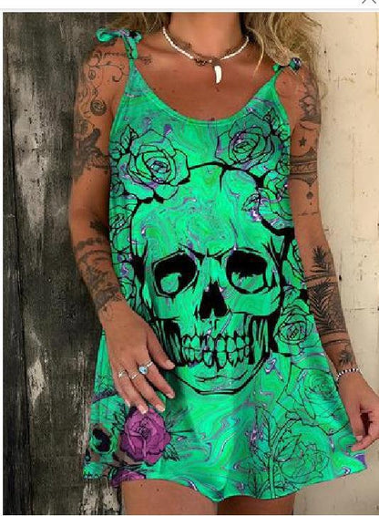 3D Printed Halloween Skull Lace Up Short Dress