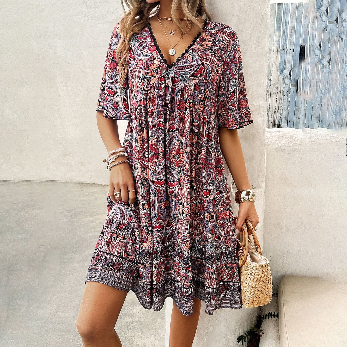 Spring And Summer Vacation Leisure Printed V-neck Dress