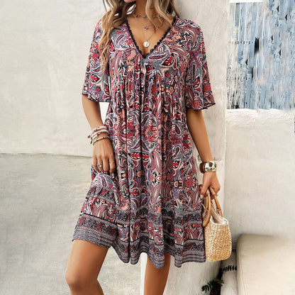 Spring And Summer Vacation Leisure Printed V-neck Dress