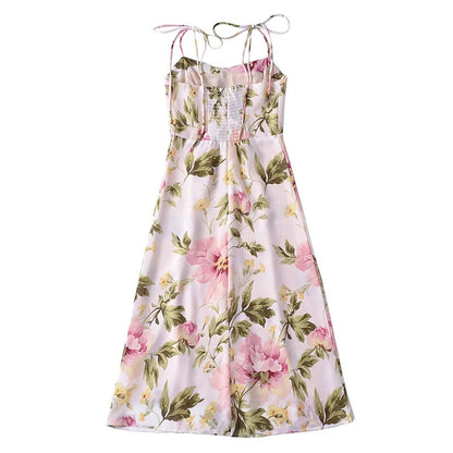French Retro Flower Floral Print Slit Suspender Skirt Summer Tight Waist Slim Fit