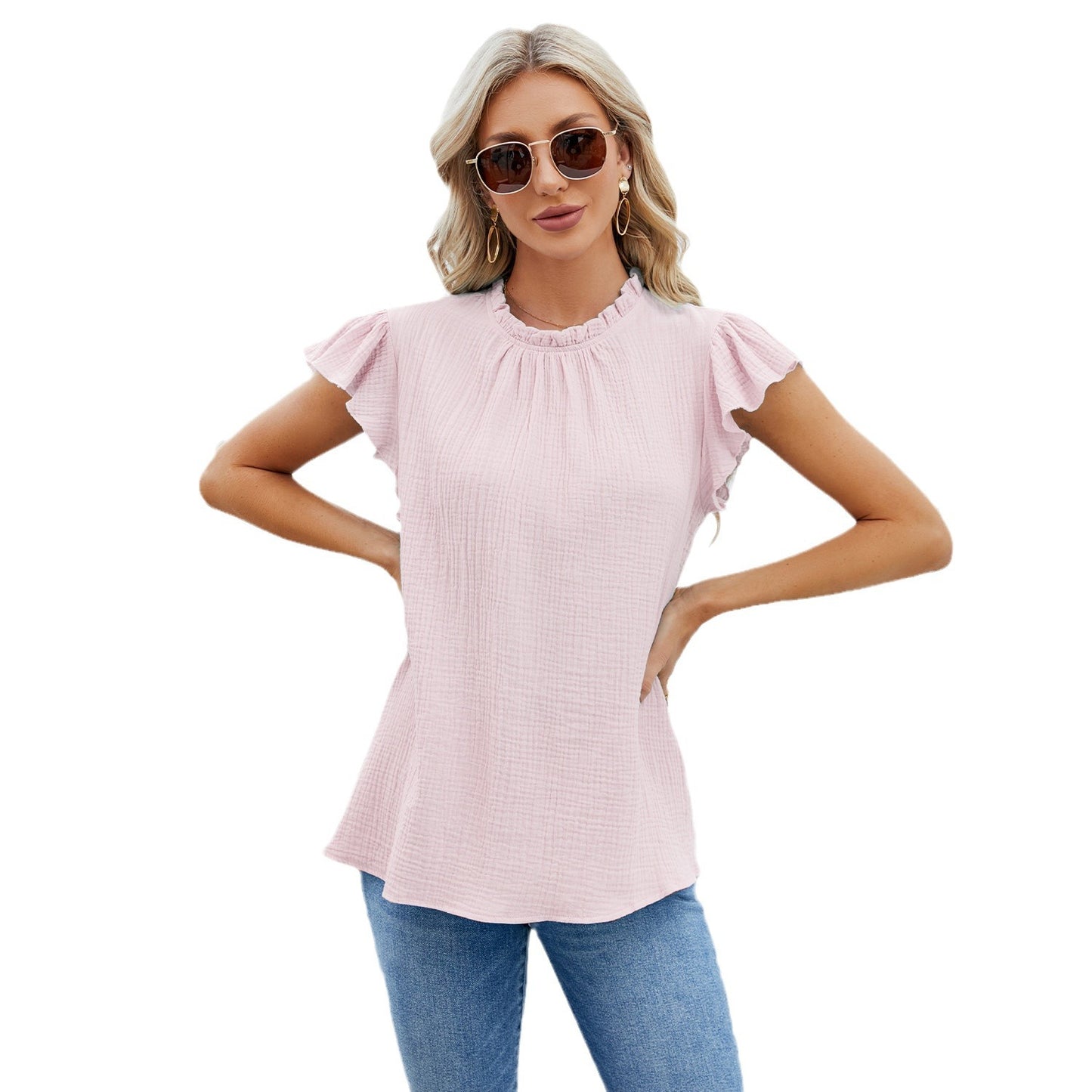 Solid Color Pleated Casual Short-sleeved Women's Top