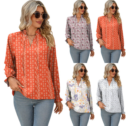 Women's V-neck Lace-up Printed Shirt Top