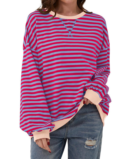 Simple Home Striped Pattern Round Neck Top