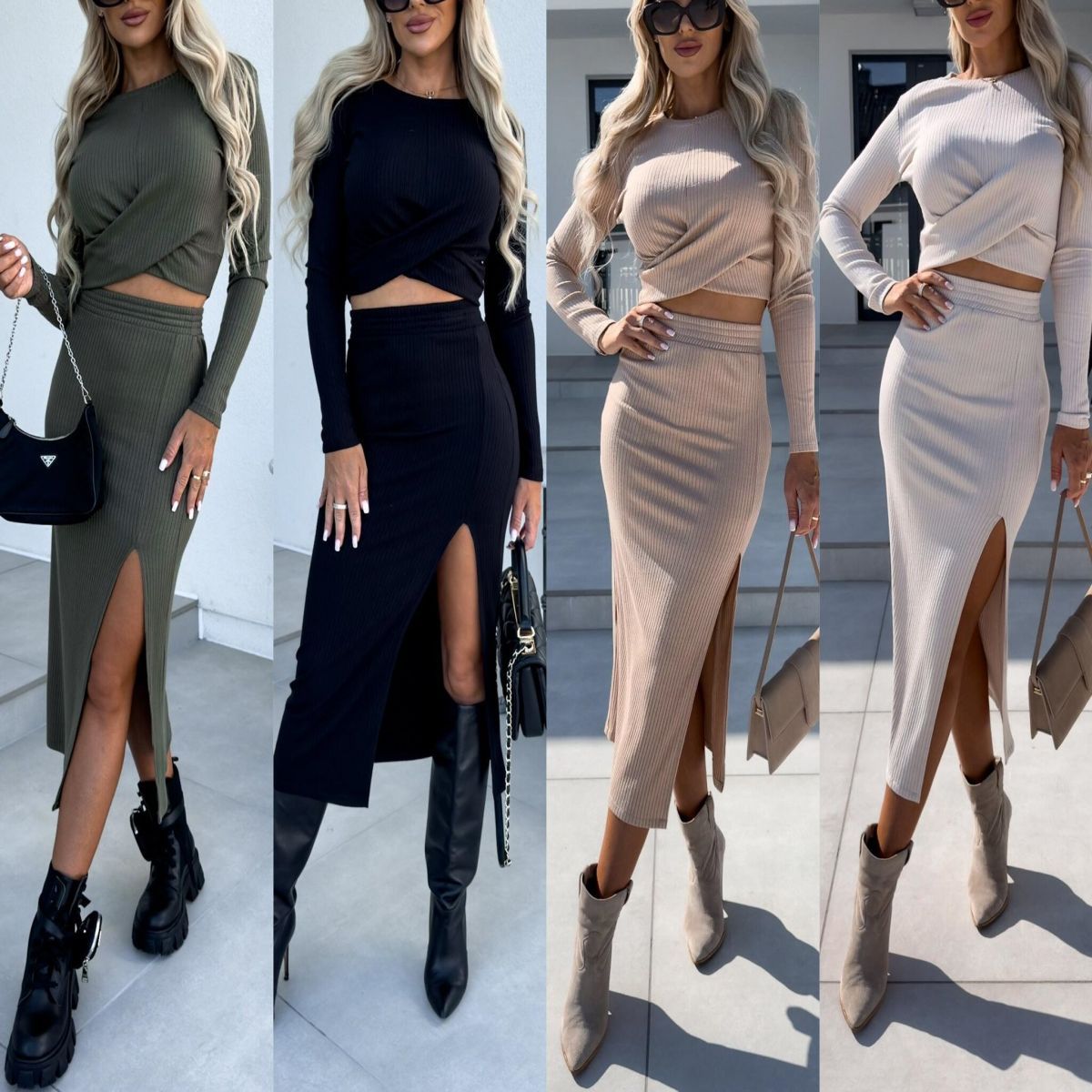 Knitted Slit Long Sleeve Narrow Mid-length Dress Set Women